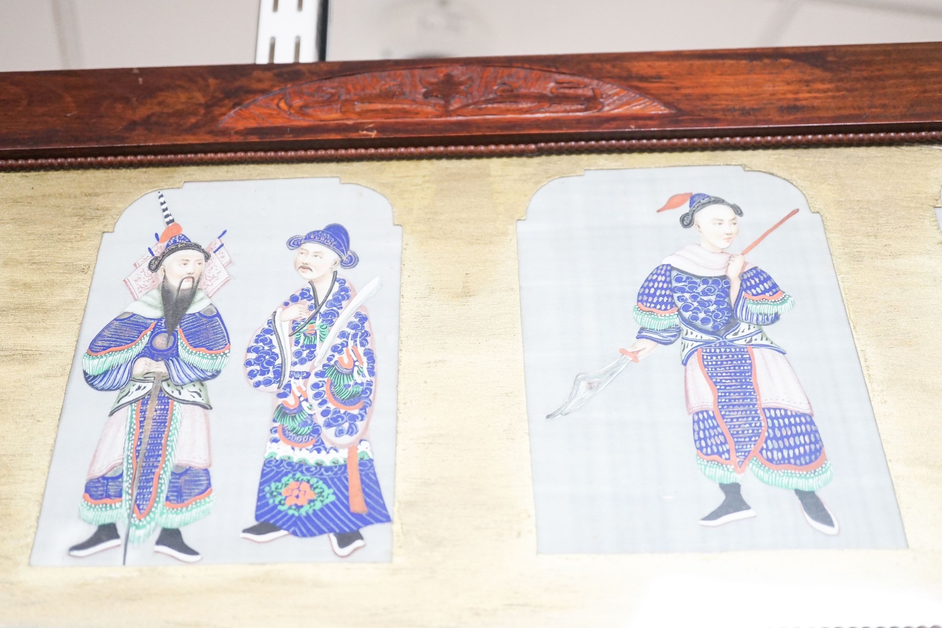 A framed set of six Chinese pith paintings of figures from the Qing Court, in a carved hardwood frame 31 x 108cm